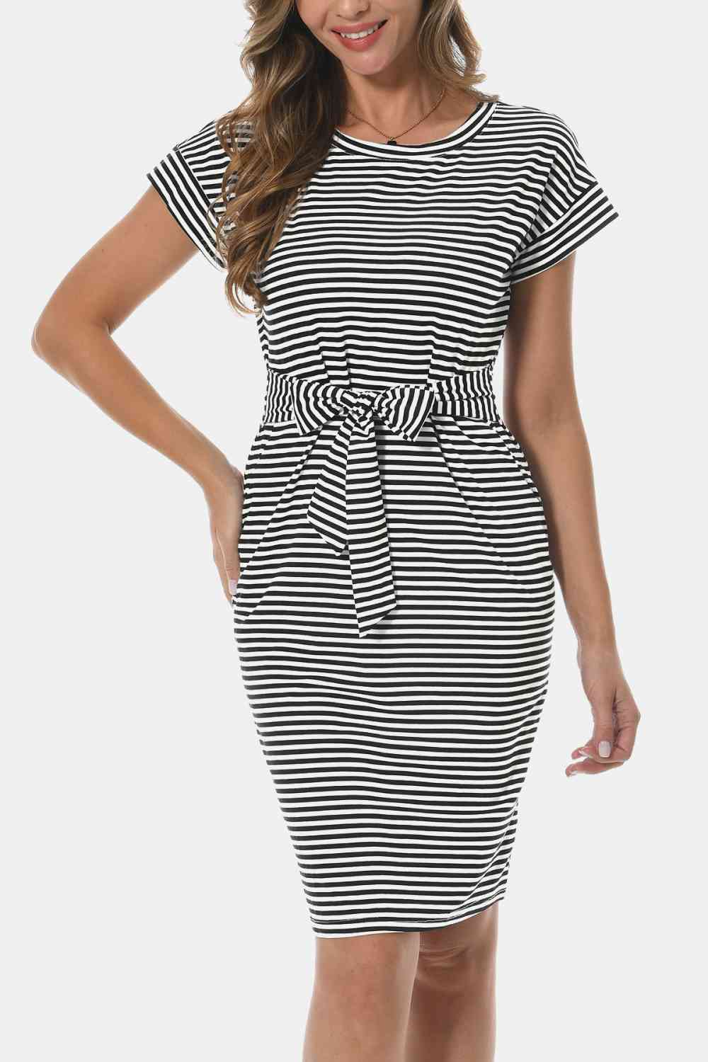 Tie Front Round Neck Short Sleeve Dress - TRENDMELO