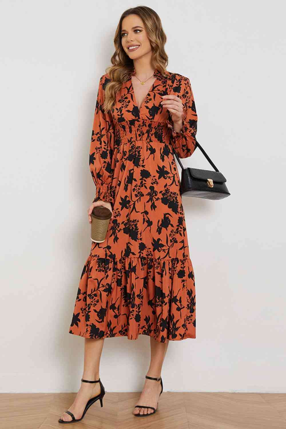 Floral Smocked Long Flounce Sleeve Dress - TRENDMELO