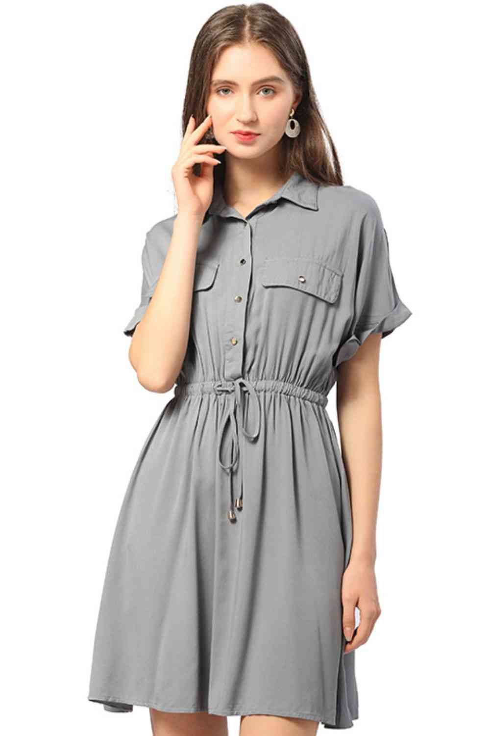 Half Button Drawstring Waist Short Sleeve Shirt Dress - TRENDMELO