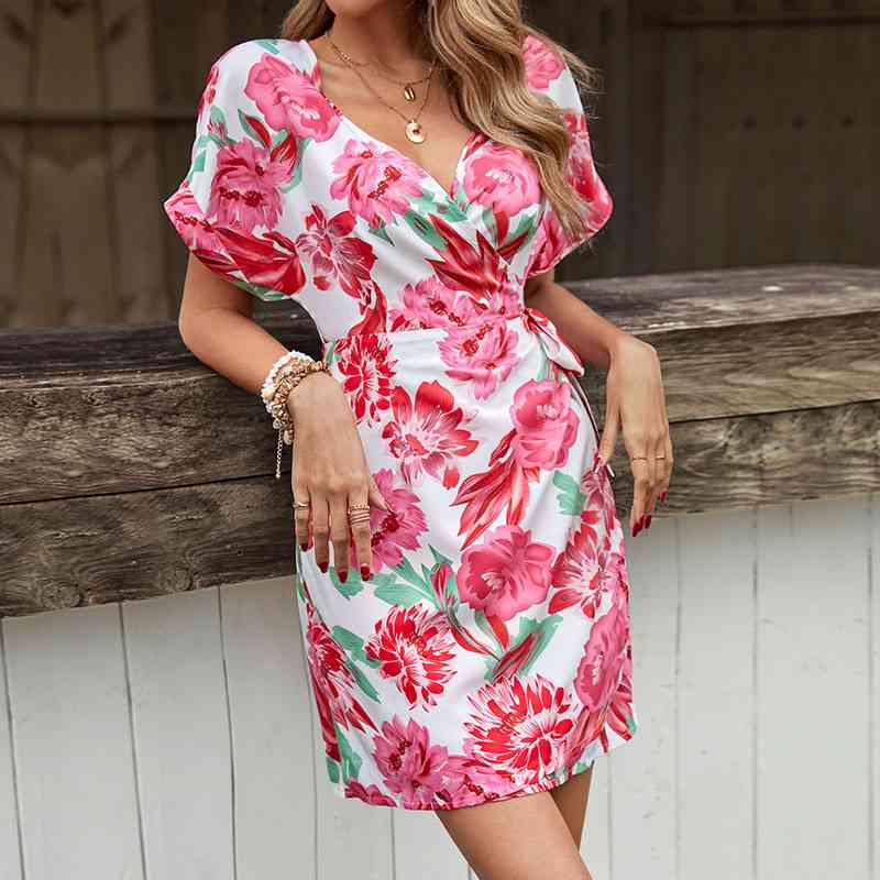 Floral Tied Short Sleeve Mini Dress - TRENDMELO