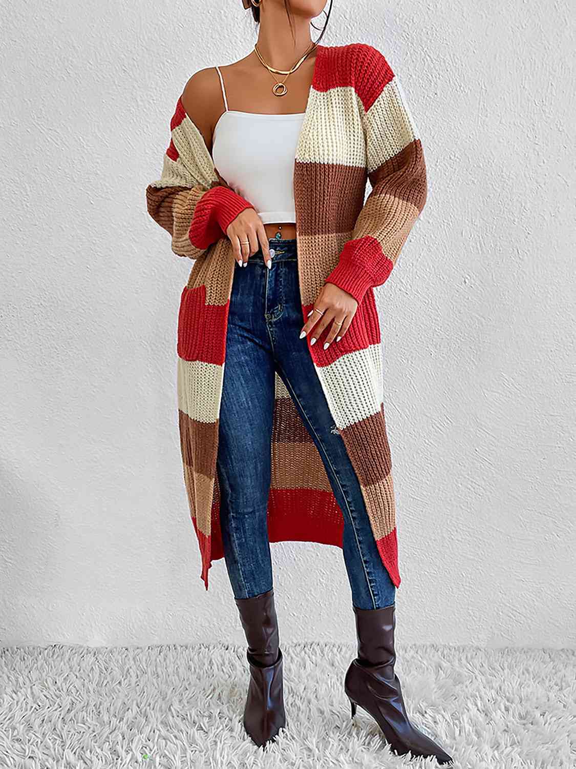 Color Block Open Front Longline Cardigan - TRENDMELO