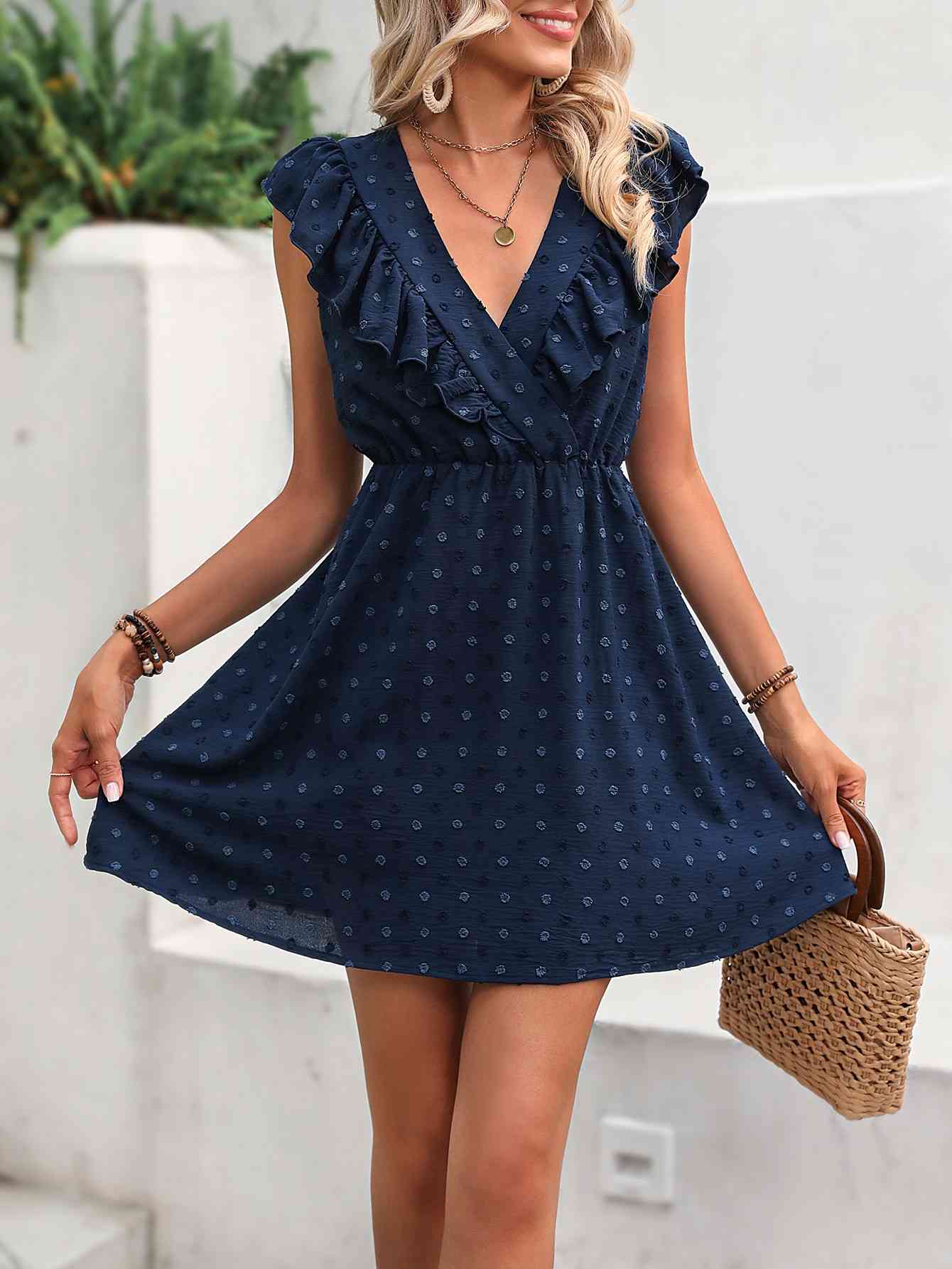 Swiss Dot Ruffled Plunge Dress - TRENDMELO