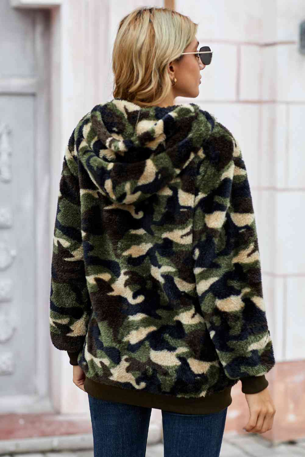 Camouflage Half Zip Fuzzy Hoodie - TRENDMELO