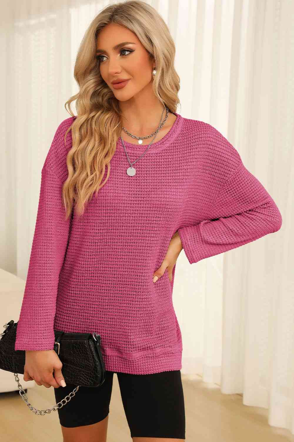 Waffle-Knit Round Neck Long Sleeve Sweatshirt - TRENDMELO