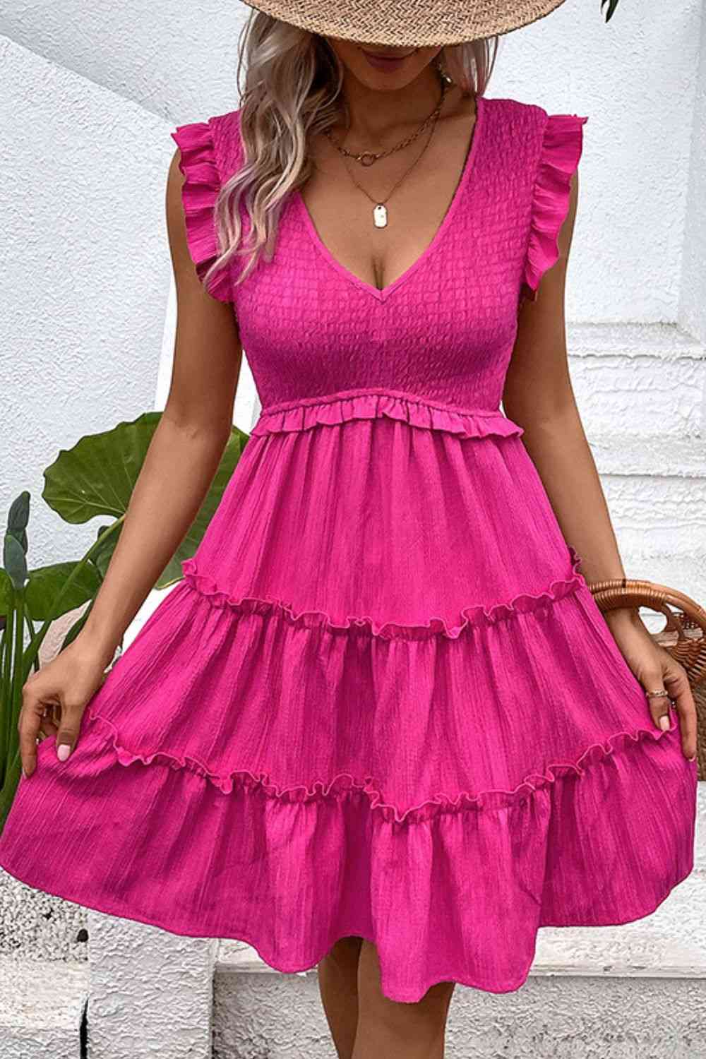 Smocked Frill Trim Deep V Dress - TRENDMELO