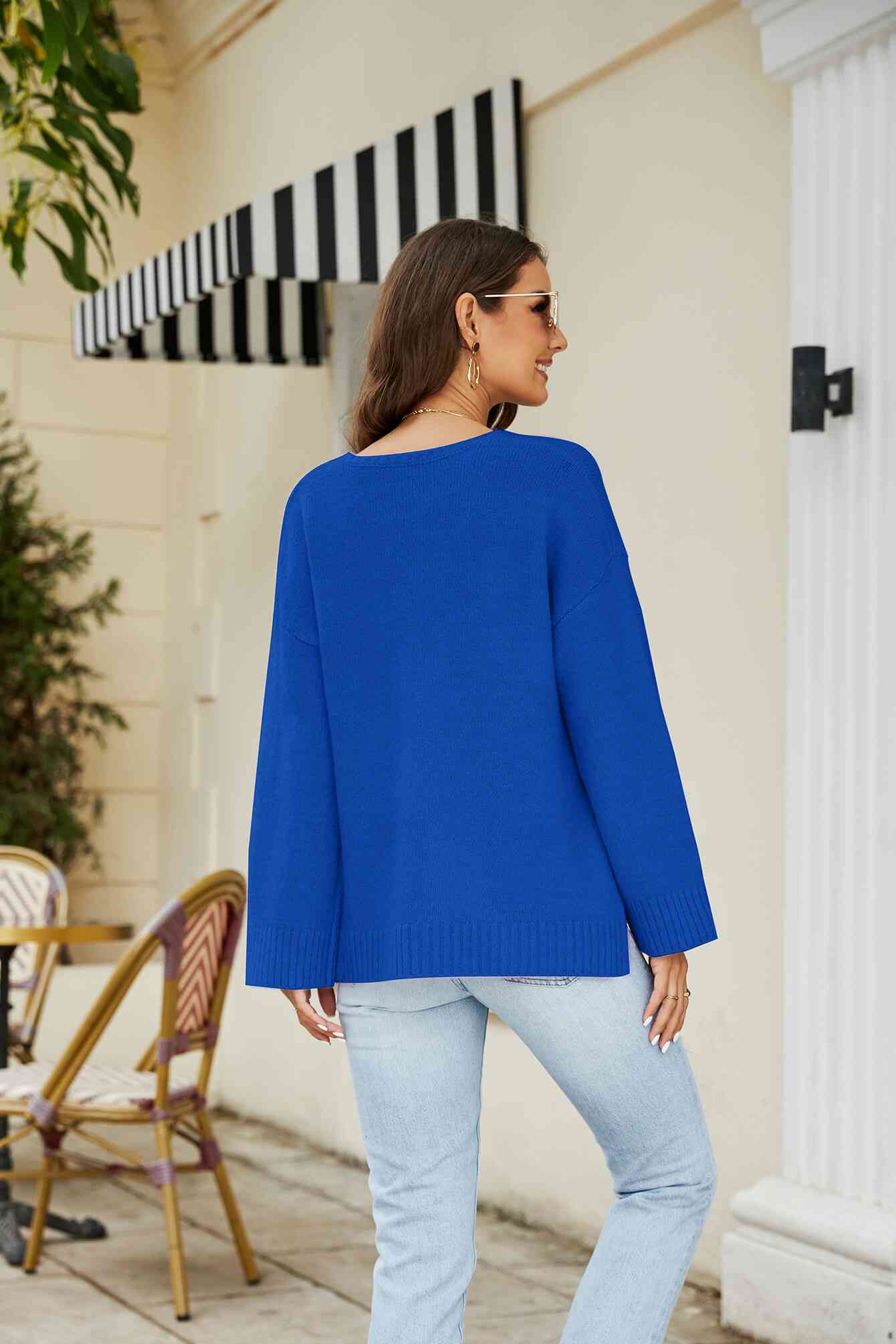 Drop Shoulder V-Neck Knit Pullover - TRENDMELO