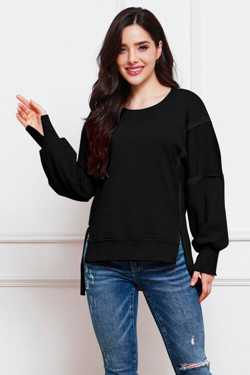 Exposed Seam High-Low Slit Sweatshirt - TRENDMELO