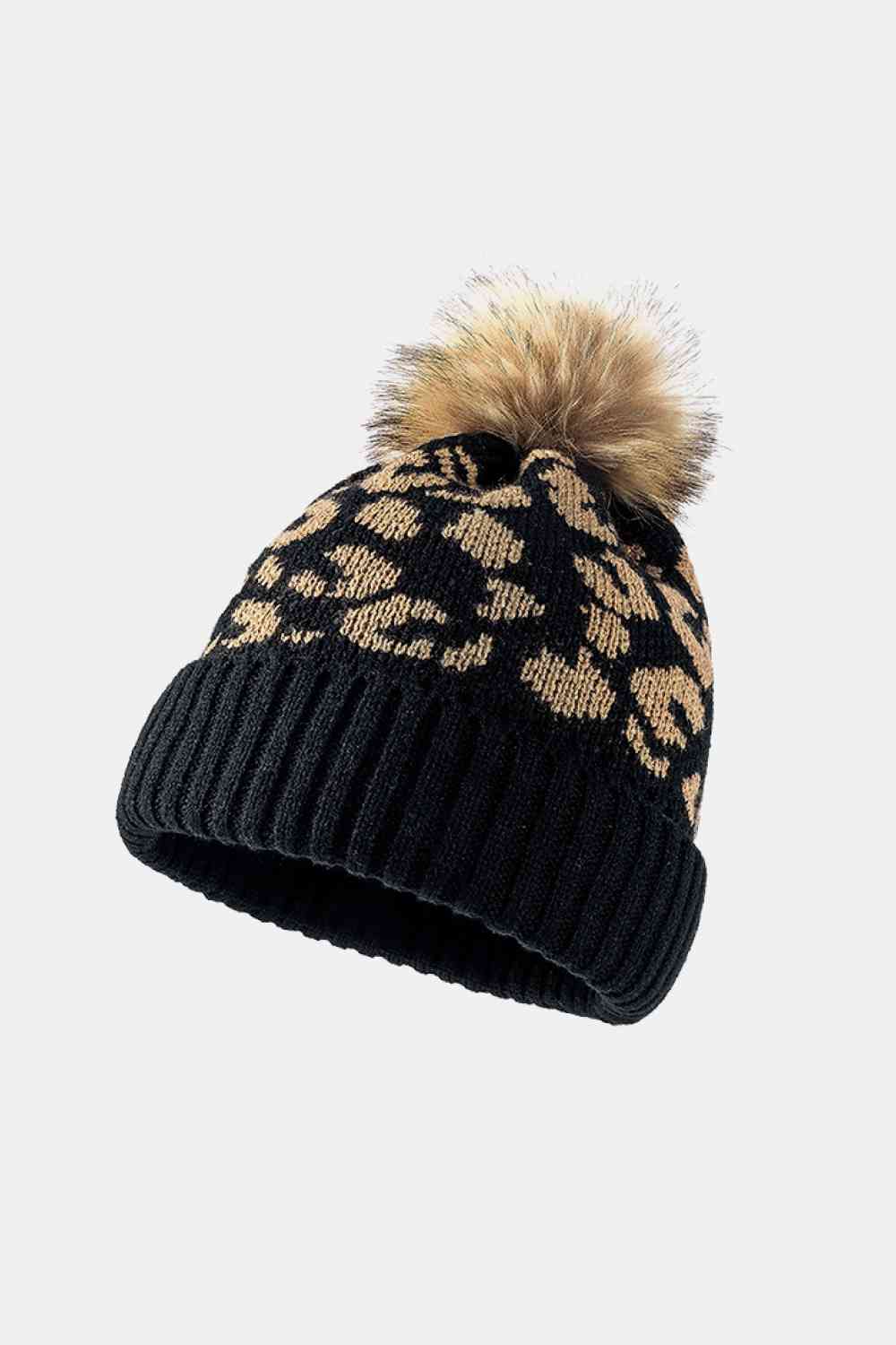 Leopard Pom-Pom Cuffed Beanie - TRENDMELO