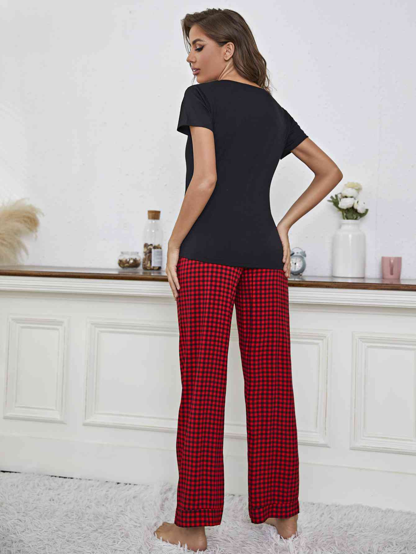 V-Neck Top and Gingham Pants Lounge Set - TRENDMELO