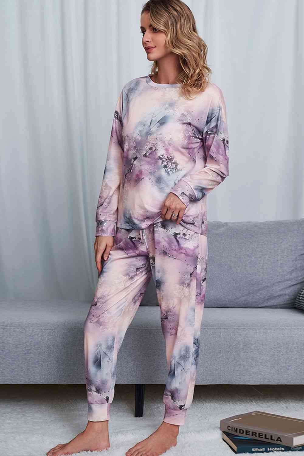 Tie-Dye Crewneck Top and Drawstring Waist Joggers Lounge Set - TRENDMELO