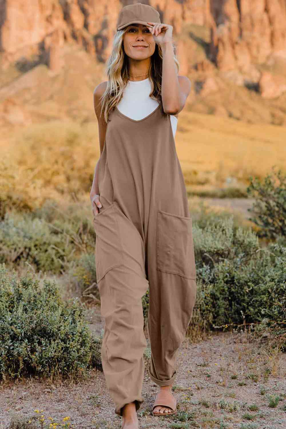 Double Take Full Size V-Neck Sleeveless Jumpsuit with Pockets - TRENDMELO