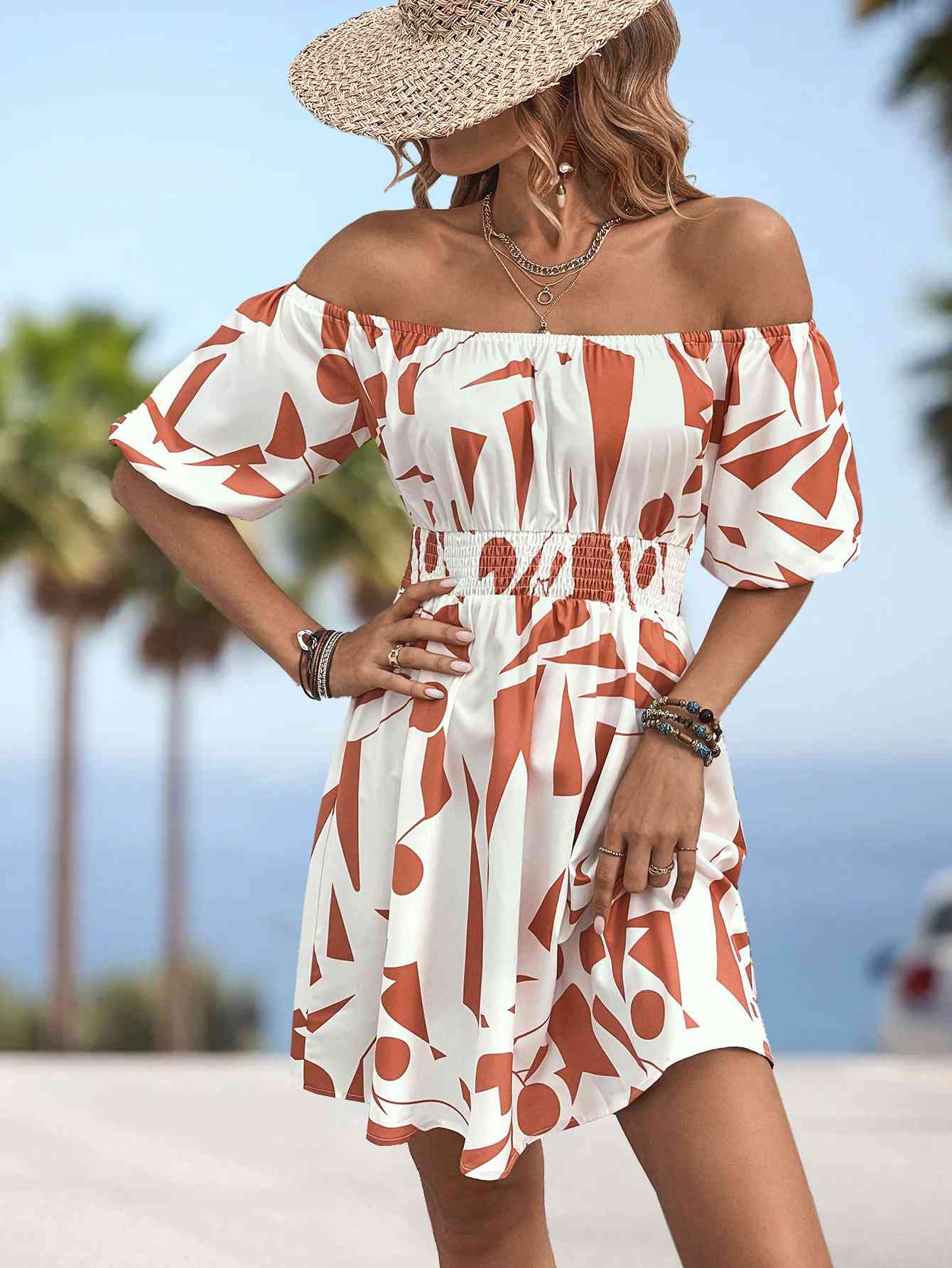 Printed Off-Shoulder Smocked Waist Dress - TRENDMELO