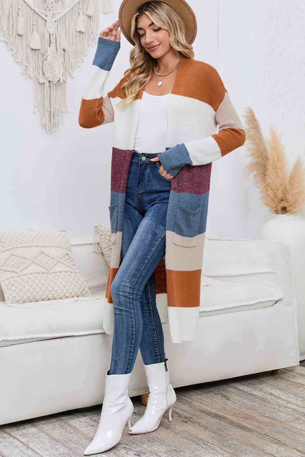 Long Color Block Open Front Pocketed Cardigan - TRENDMELO