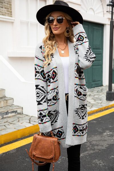 Pocketed Geometric Open Front Dropped Shoulder Cardigan - TRENDMELO