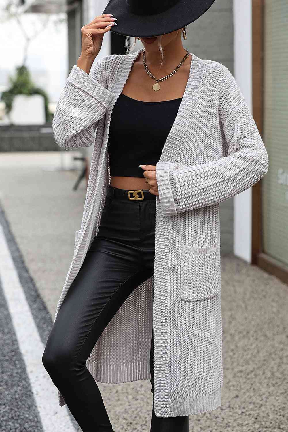 Dropped Shoulder Long Sleeve Cardigan with Pocket - TRENDMELO