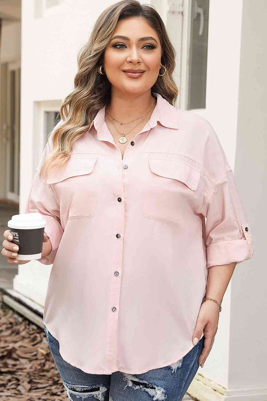 Plus Size Collared Neck Button Front Long Sleeve Shirt - TRENDMELO