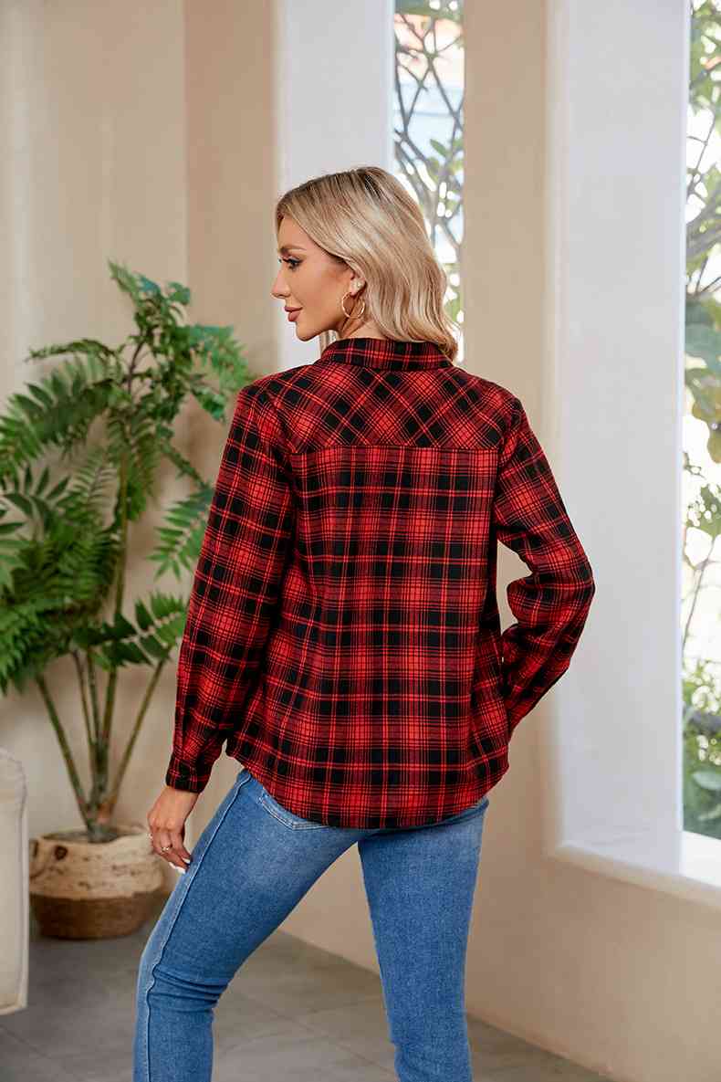 Plaid Curved Hem Long Sleeve Shirt - TRENDMELO