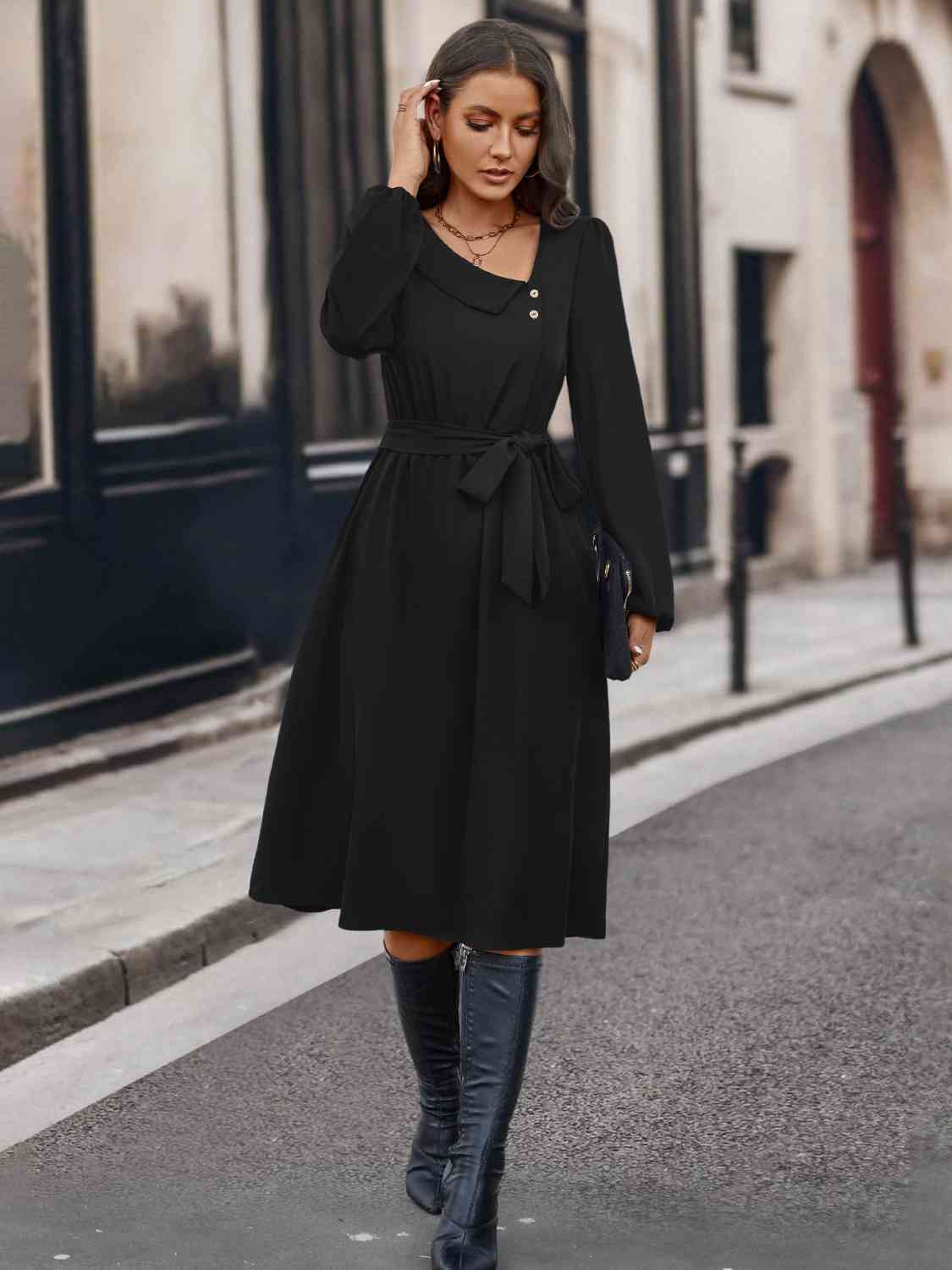 Buttoned Tie Front Long Sleeve Asymmetrical Neck Dress - TRENDMELO