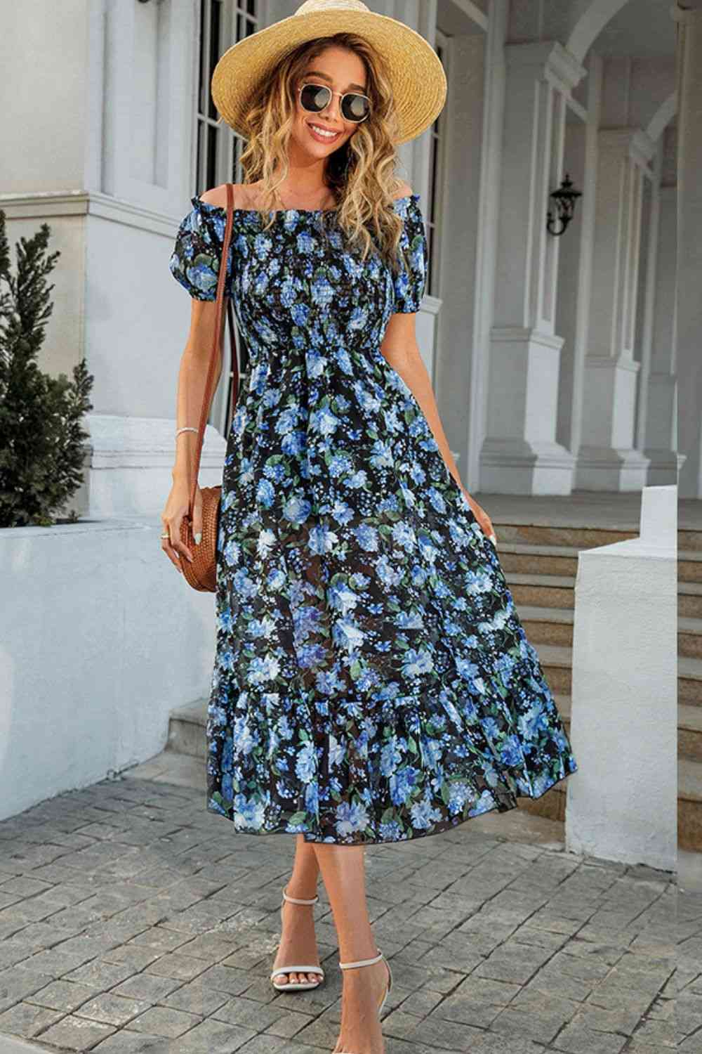 Floral Smocked Frill Trim Split Midi Dress - TRENDMELO