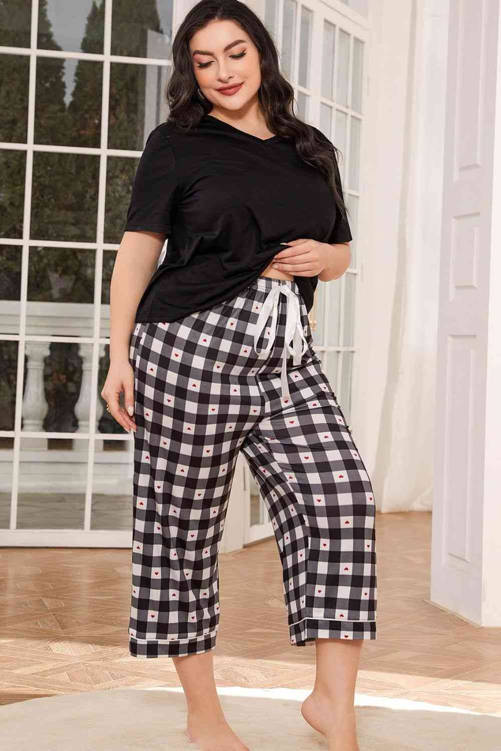 V-Neck Tee and Plaid Cropped Pants Lounge Set - TRENDMELO