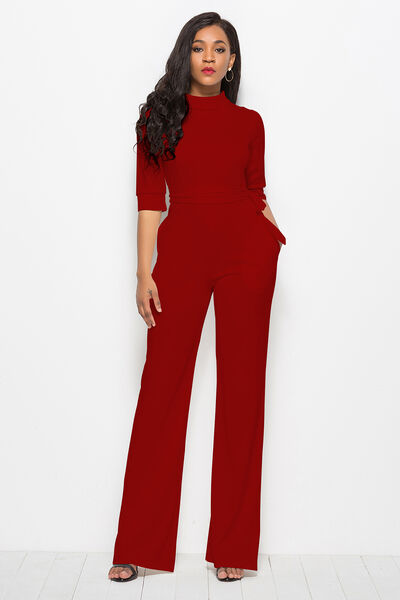 Mock Neck Tie-Waist Half Sleeve Jumpsuit - TRENDMELO