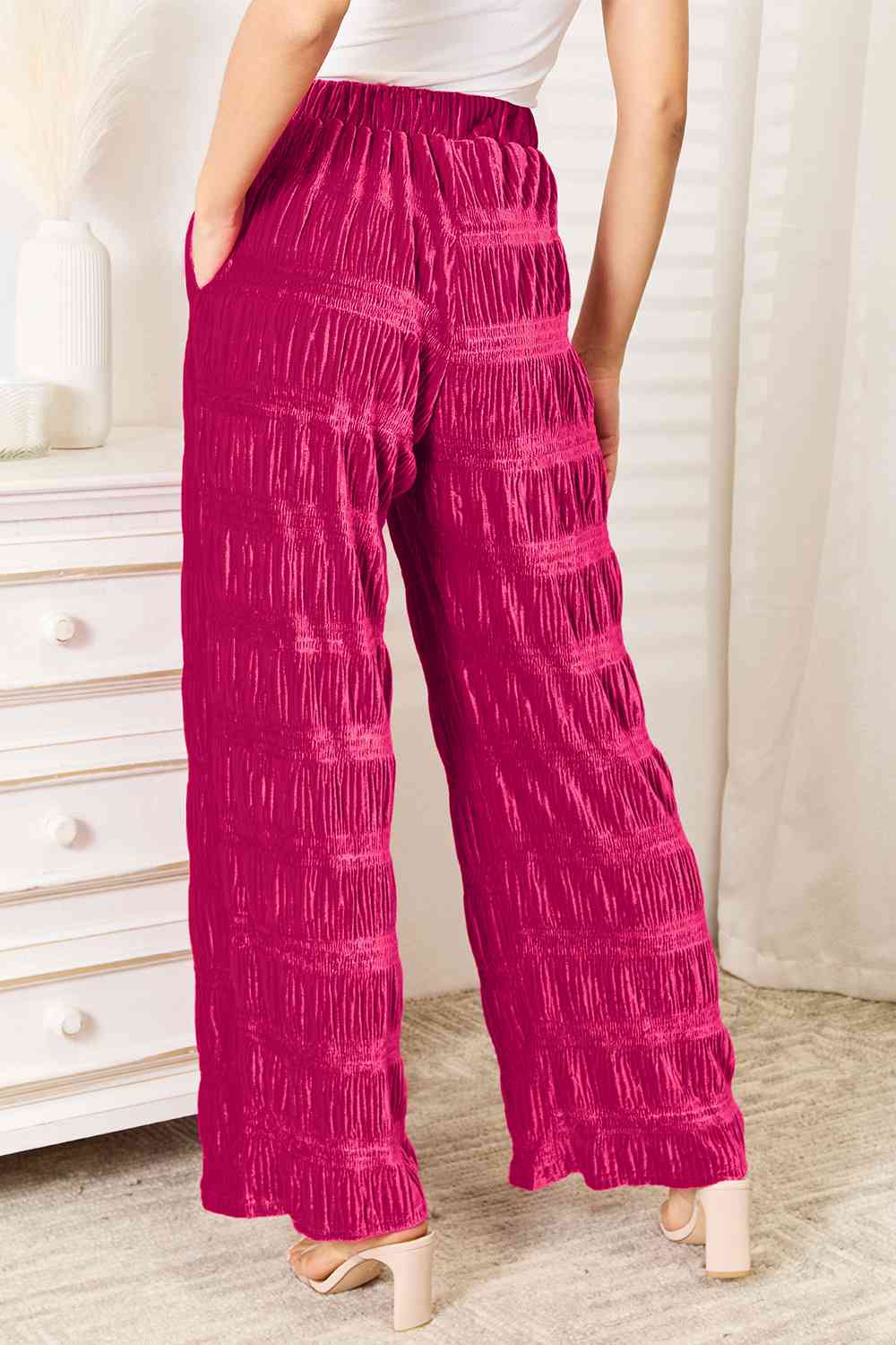 Double Take Full Size High Waist Tiered Shirring Velvet Wide Leg Pants - TRENDMELO