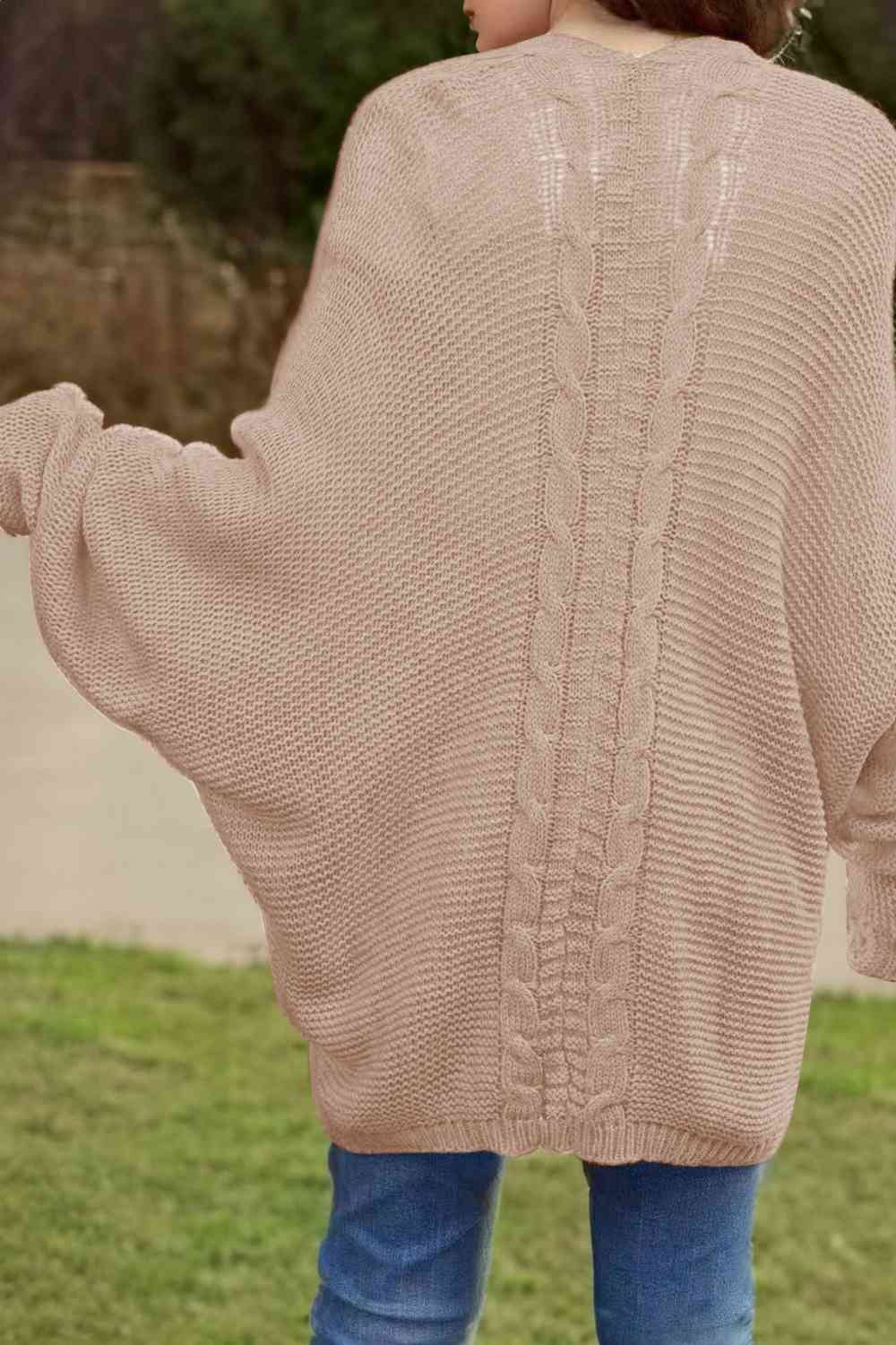 Cable-Knit Open Front Cardigan with Pockets - TRENDMELO