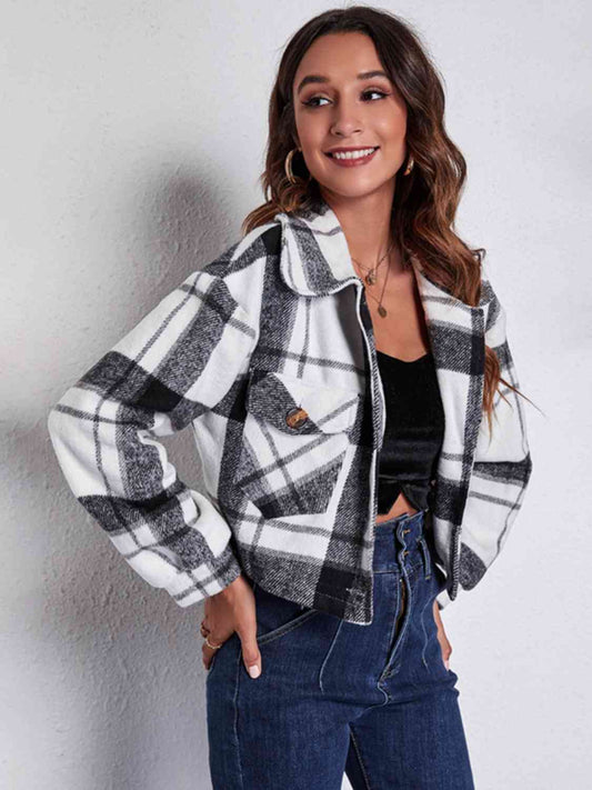 Plaid Button Front Jacket with Pockets - TRENDMELO