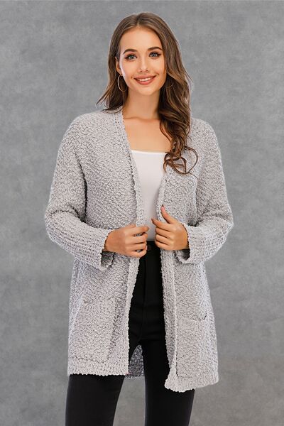 Pocketed Open Front Long Sleeve Cardigan - TRENDMELO