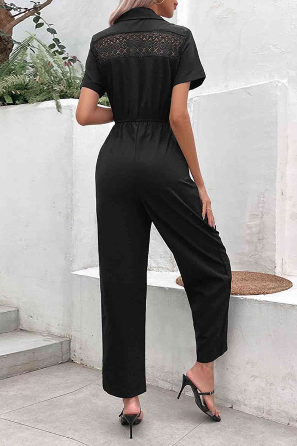 Collared Neck Short Sleeve Jumpsuit - TRENDMELO