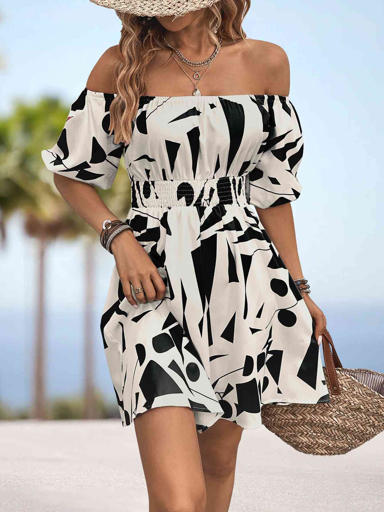 Printed Off-Shoulder Smocked Waist Dress - TRENDMELO