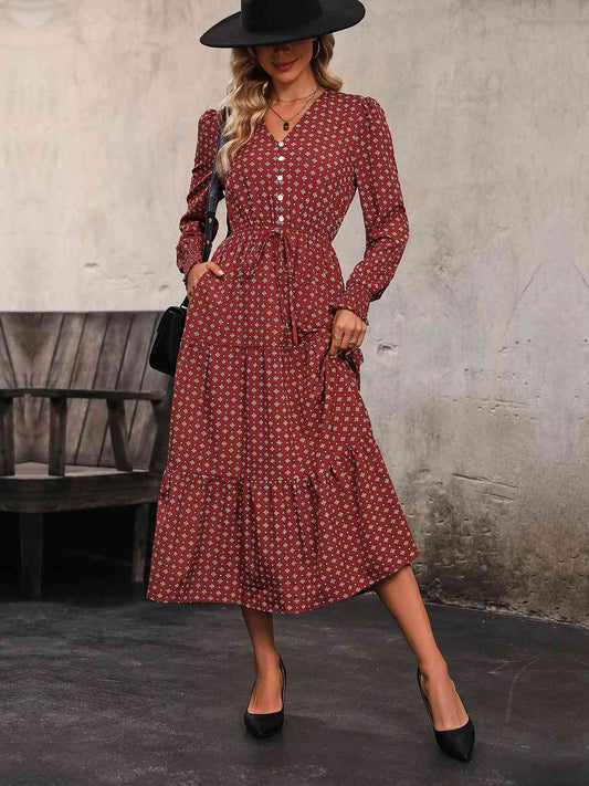Printed Tiered V-Neck Buttoned Midi Dress - TRENDMELO