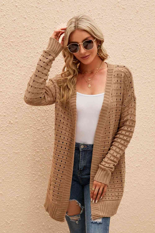 Openwork Horizontal Ribbing Open Front Cardigan - TRENDMELO