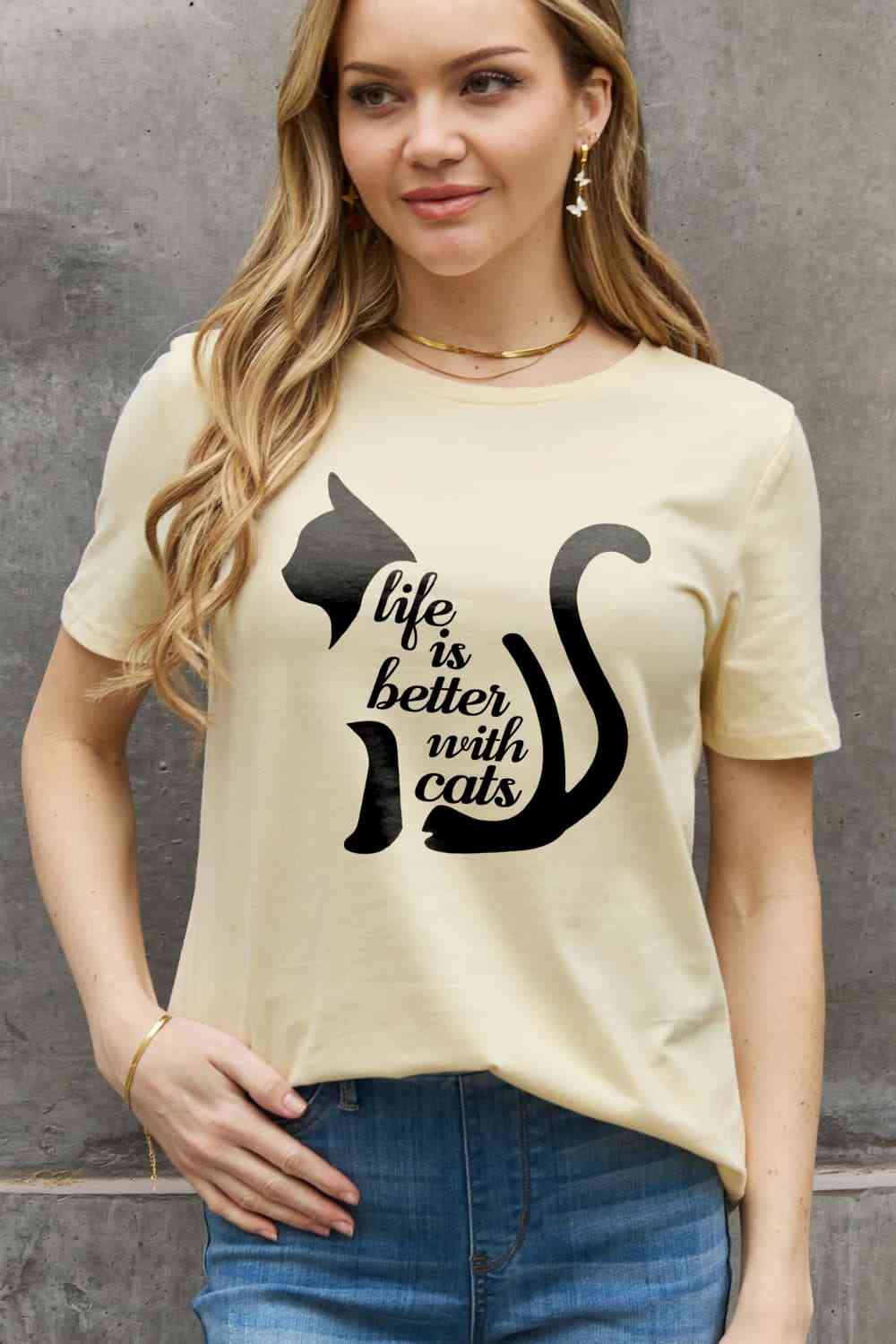 Simply Love Simply Love Full Size LIFE IS BETTER WITH CATS Graphic Cotton Tee - TRENDMELO