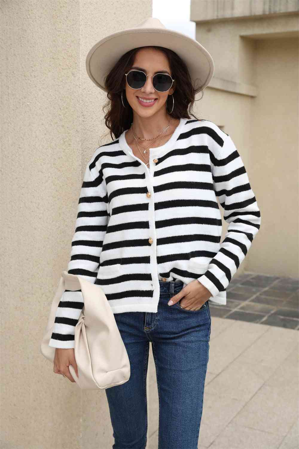 Striped Round Neck Button-Down Dropped Shoulder Cardigan - TRENDMELO