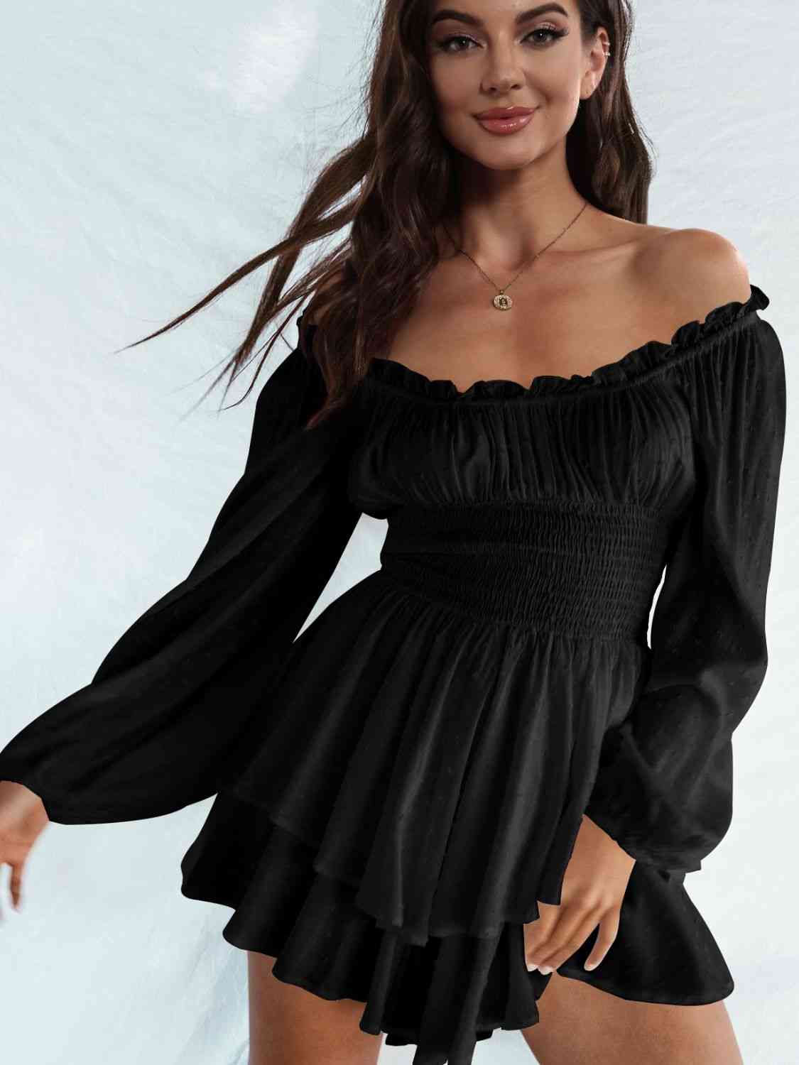 Off Shoulder Smocked Waist Romper - TRENDMELO