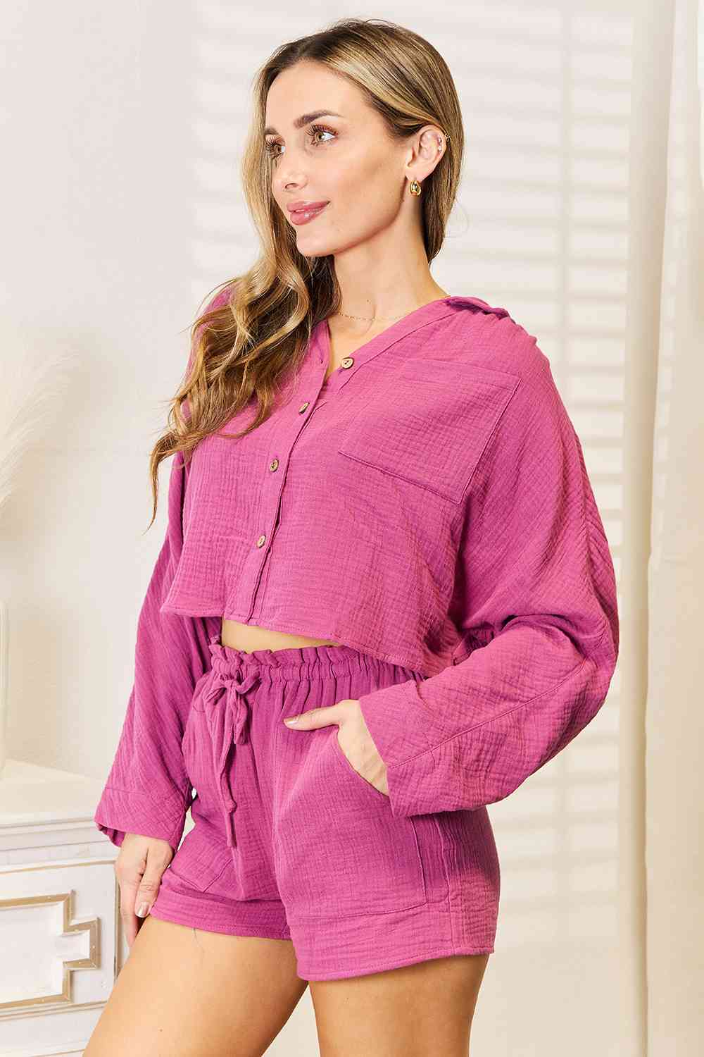 Basic Bae Buttoned Long Sleeve Top and Shorts Set - TRENDMELO