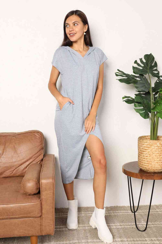 Double Take Short Sleeve Front Slit Hooded Dress - TRENDMELO