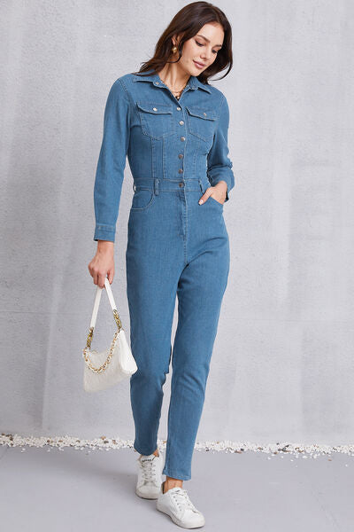 Snap Down Denim Jumpsuit with Pockets - TRENDMELO