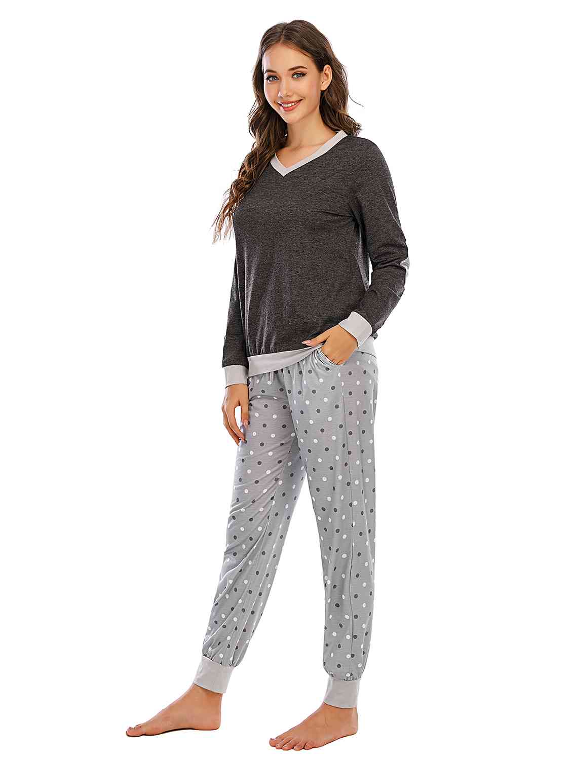 Long Sleeve Top and Polka Dot Pants Set - TRENDMELO