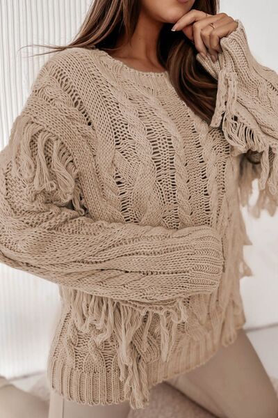 Cable-Knit Fringe Round Neck Sweater - TRENDMELO