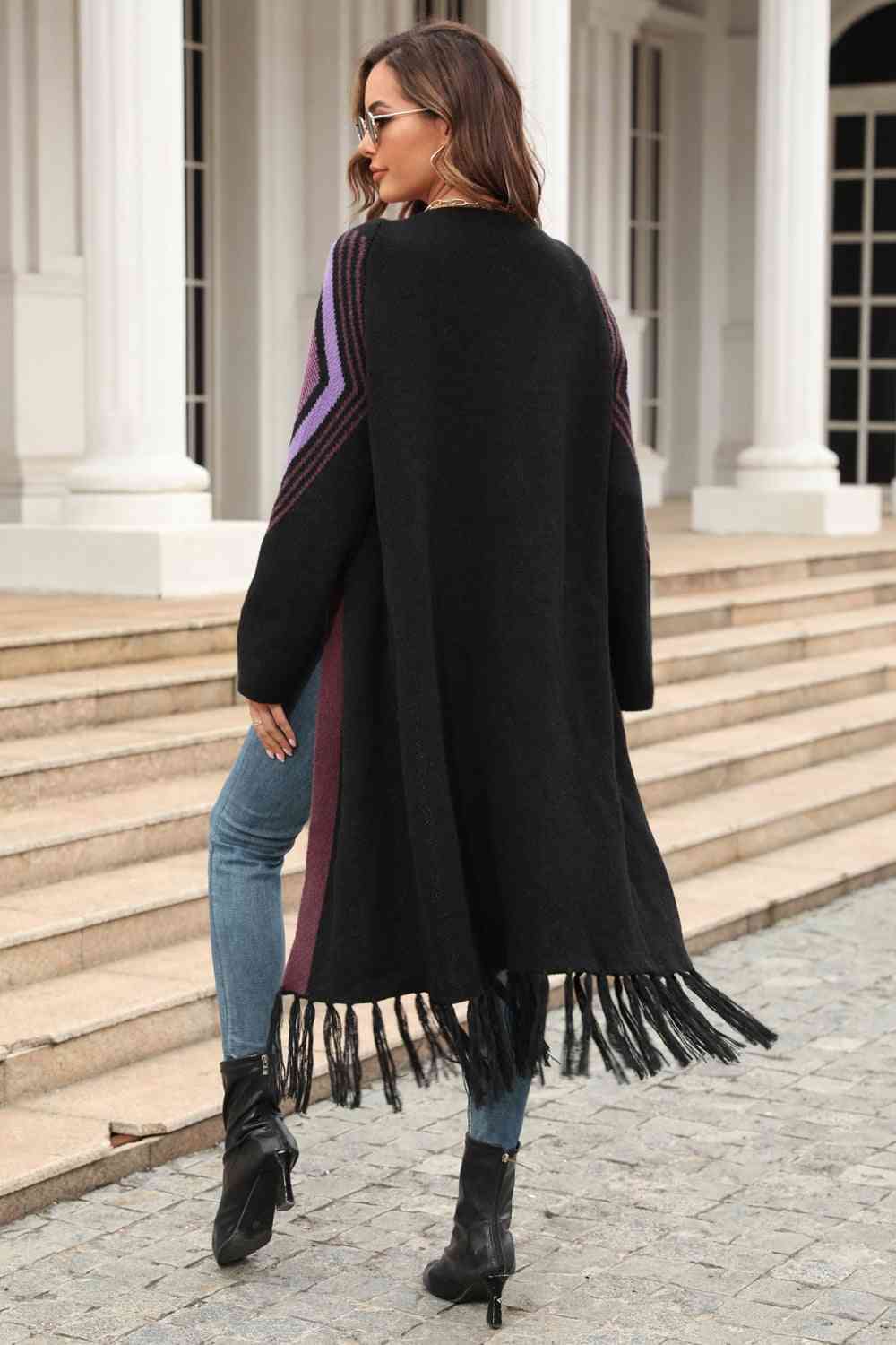 Double Take Geometric Fringe Hem Open Front Duster Cardigan - TRENDMELO