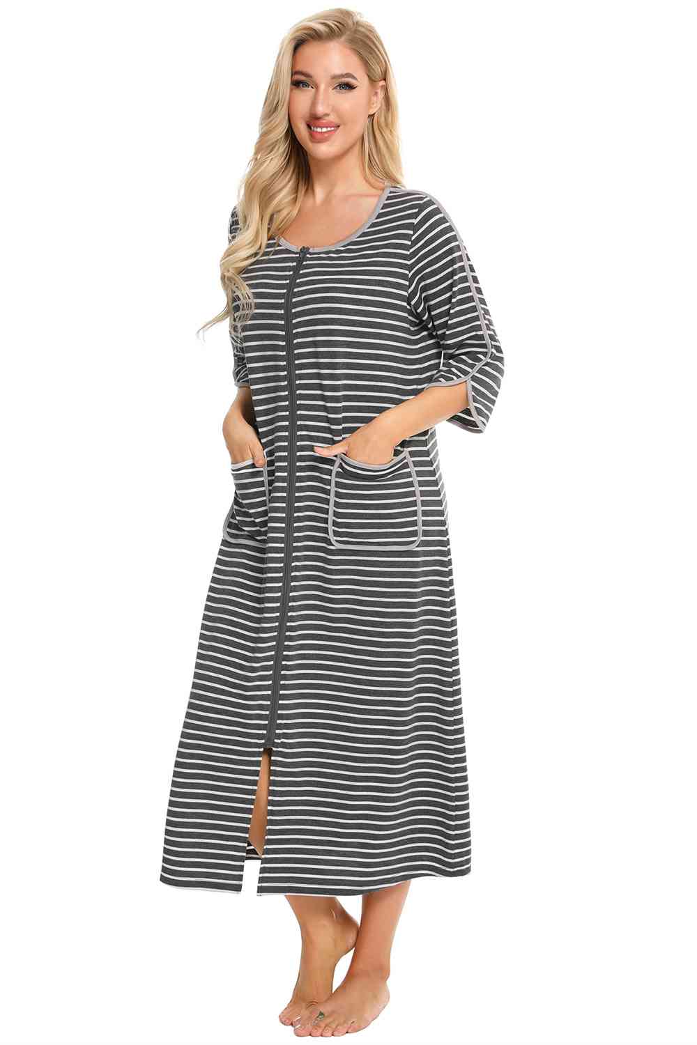 Round Neck Three-Quarter Sleeve Midi Night Dress - TRENDMELO