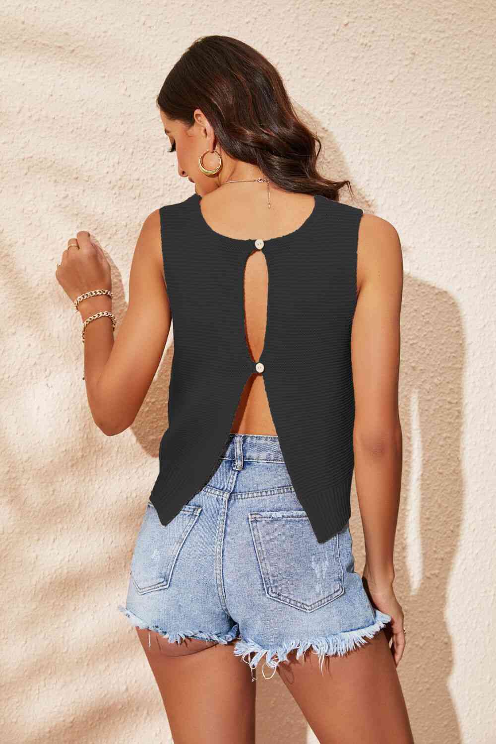 Buttoned Cutout Ribbed Trim Knit Tank - TRENDMELO