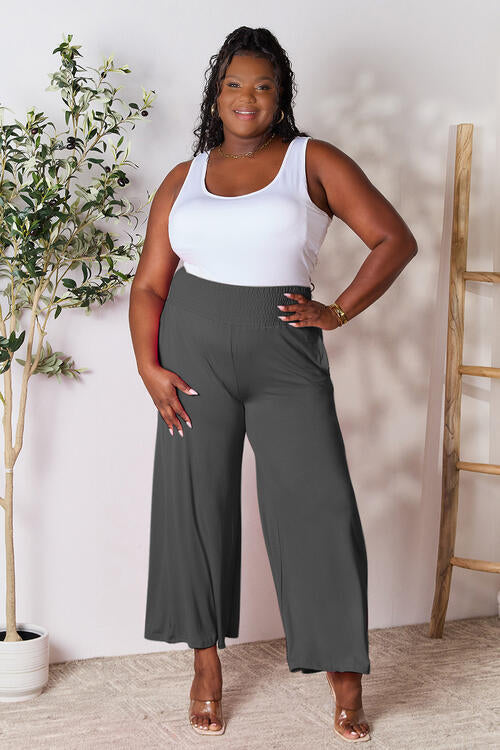 Double Take Full Size Smocked Wide Waistband Wide Leg Pants - TRENDMELO