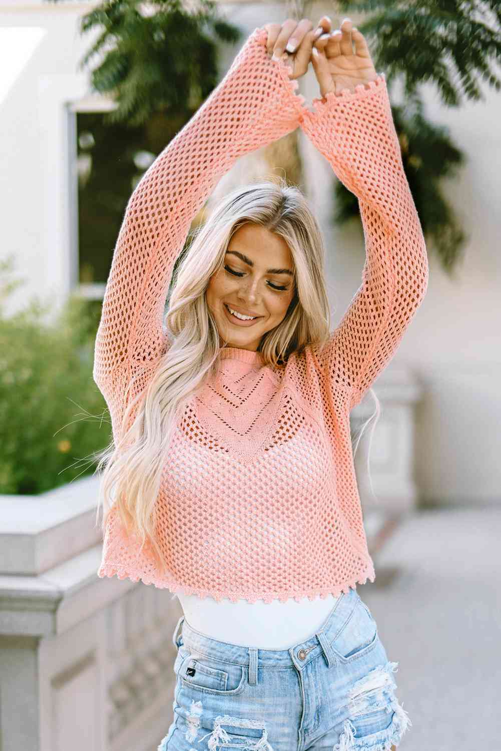 Openwork Round Neck Long Sleeve Knit Top - TRENDMELO