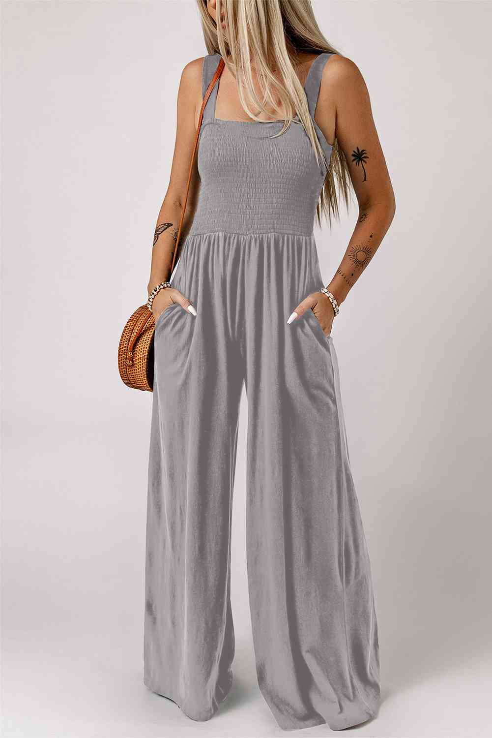 Smocked Square Neck Wide Leg Jumpsuit with Pockets - TRENDMELO