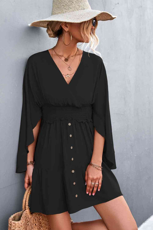 Decorative Button Smocked Waist Surplice Dress - TRENDMELO
