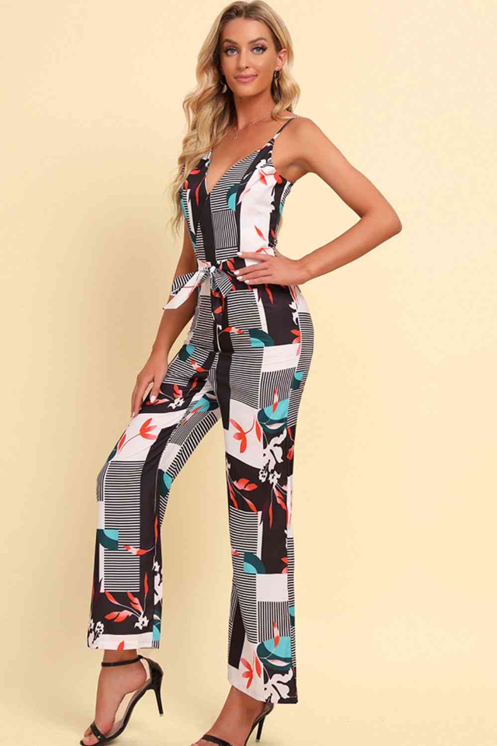 Printed Spaghetti Strap Tied Jumpsuit - TRENDMELO