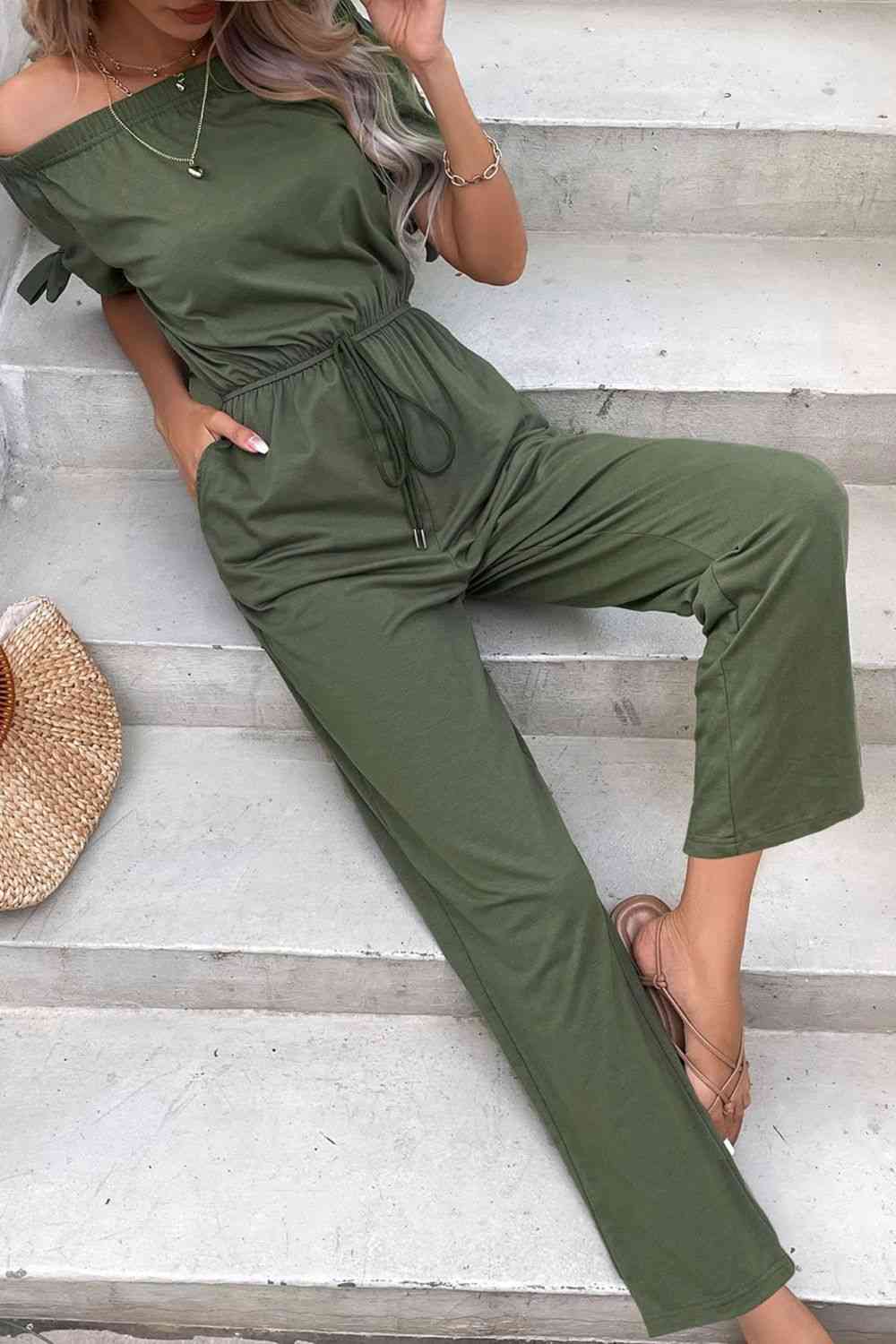 Off-Shoulder Tie Cuff Jumpsuit with Pockets - TRENDMELO